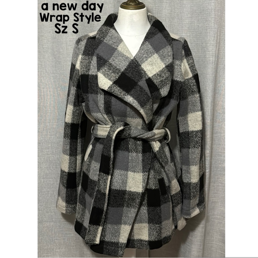 a new day Wrap Style Sweater Jacket-Sz S-Gray/Black-EUC-Belted-Acrylic